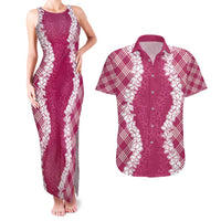 Hawaii Aloha Plumeria Lei Fuschia Palaka Couples Matching Tank Maxi Dress and Hawaiian Shirt LT7 Fuschia - Polynesian Pride