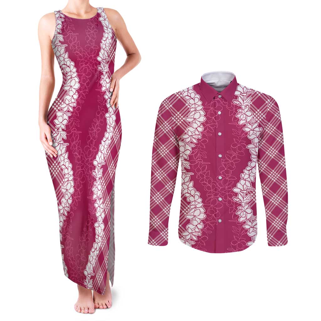 Hawaii Aloha Plumeria Lei Fuschia Palaka Couples Matching Tank Maxi Dress and Long Sleeve Button Shirt - Polynesian Pride