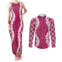 Hawaii Aloha Plumeria Lei Fuschia Palaka Couples Matching Tank Maxi Dress and Long Sleeve Button Shirt - Polynesian Pride
