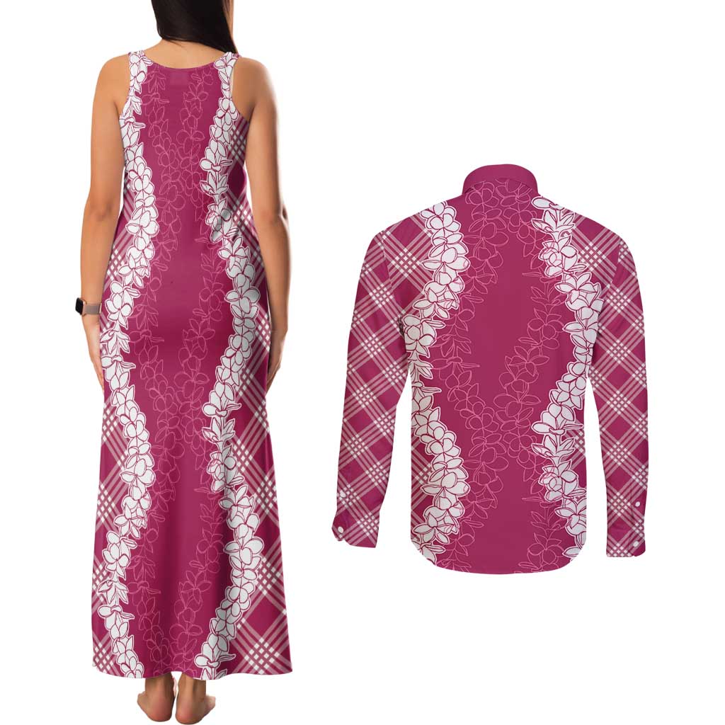 Hawaii Aloha Plumeria Lei Fuschia Palaka Couples Matching Tank Maxi Dress and Long Sleeve Button Shirt - Polynesian Pride