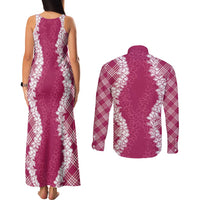 Hawaii Aloha Plumeria Lei Fuschia Palaka Couples Matching Tank Maxi Dress and Long Sleeve Button Shirt - Polynesian Pride
