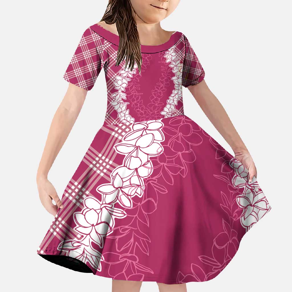 Hawaii Aloha Plumeria Lei Fuschia Palaka Family Matching Long Sleeve Bodycon Dress and Hawaiian Shirt LT7 Daughter's Dress Fuschia - Polynesian Pride