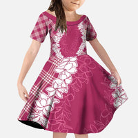 Hawaii Aloha Plumeria Lei Fuschia Palaka Family Matching Long Sleeve Bodycon Dress and Hawaiian Shirt LT7 Daughter's Dress Fuschia - Polynesian Pride