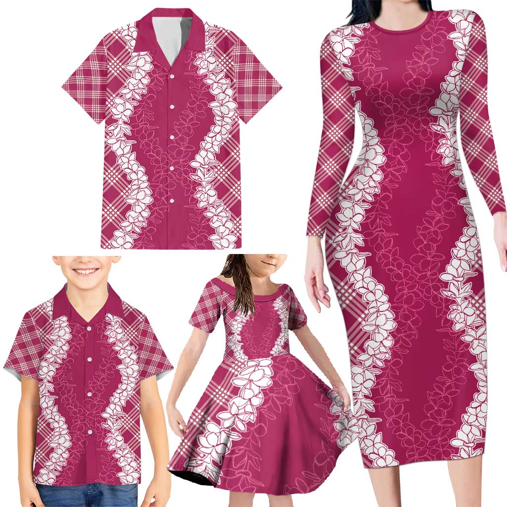 Hawaii Aloha Plumeria Lei Fuschia Palaka Family Matching Long Sleeve Bodycon Dress and Hawaiian Shirt LT7 - Polynesian Pride