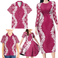 Hawaii Aloha Plumeria Lei Fuschia Palaka Family Matching Long Sleeve Bodycon Dress and Hawaiian Shirt LT7 - Polynesian Pride