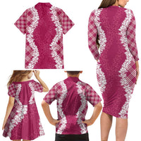 Hawaii Aloha Plumeria Lei Fuschia Palaka Family Matching Long Sleeve Bodycon Dress and Hawaiian Shirt LT7 - Polynesian Pride