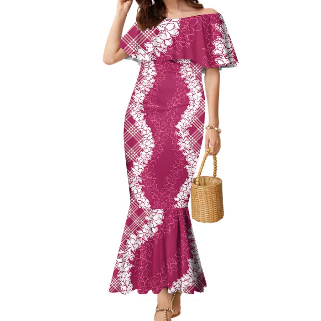 Hawaii Aloha Plumeria Lei Fuschia Palaka Family Matching Mermaid Dress and Hawaiian Shirt LT7 Mom's Dress Fuschia - Polynesian Pride