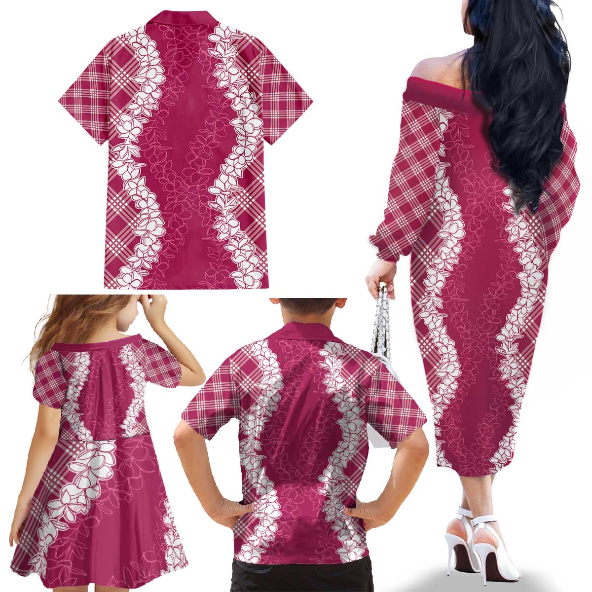 Hawaii Aloha Plumeria Lei Fuschia Palaka Family Matching Off The Shoulder Long Sleeve Dress and Hawaiian Shirt LT7 - Polynesian Pride