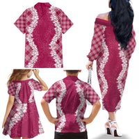 Hawaii Aloha Plumeria Lei Fuschia Palaka Family Matching Off The Shoulder Long Sleeve Dress and Hawaiian Shirt LT7 - Polynesian Pride