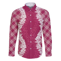 Hawaii Aloha Plumeria Lei Fuschia Palaka Family Matching Off The Shoulder Long Sleeve Dress and Hawaiian Shirt LT7 Dad's Shirt - Long Sleeve Fuschia - Polynesian Pride