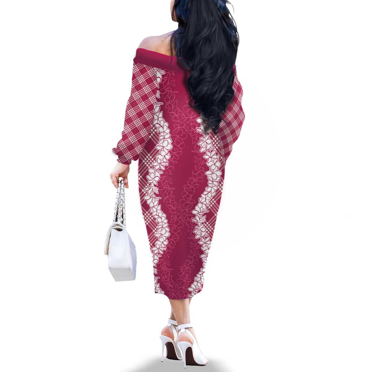 Hawaii Aloha Plumeria Lei Fuschia Palaka Family Matching Off The Shoulder Long Sleeve Dress and Hawaiian Shirt LT7 - Polynesian Pride