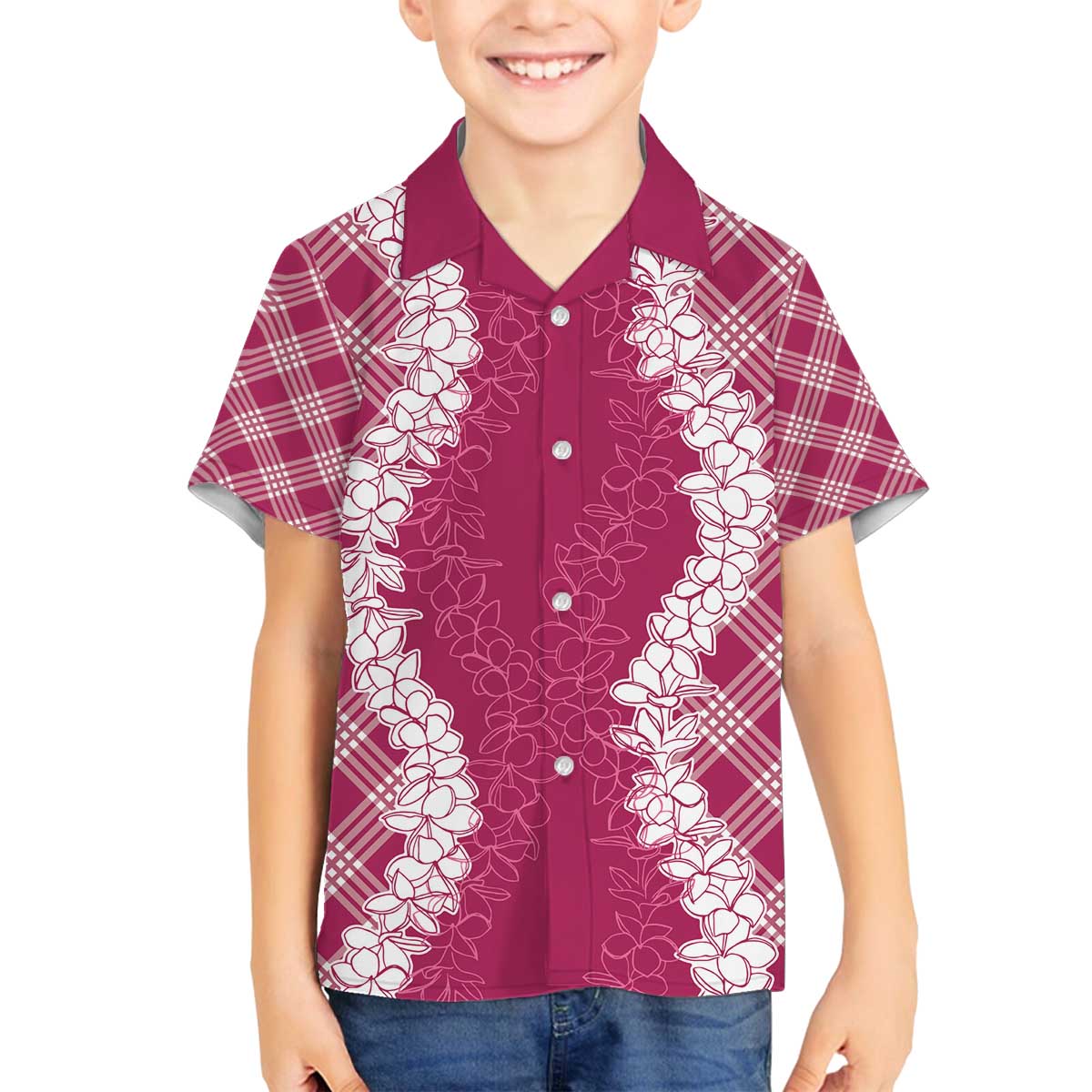 Hawaii Aloha Plumeria Lei Fuschia Palaka Family Matching Off The Shoulder Long Sleeve Dress and Hawaiian Shirt LT7 Son's Shirt Fuschia - Polynesian Pride