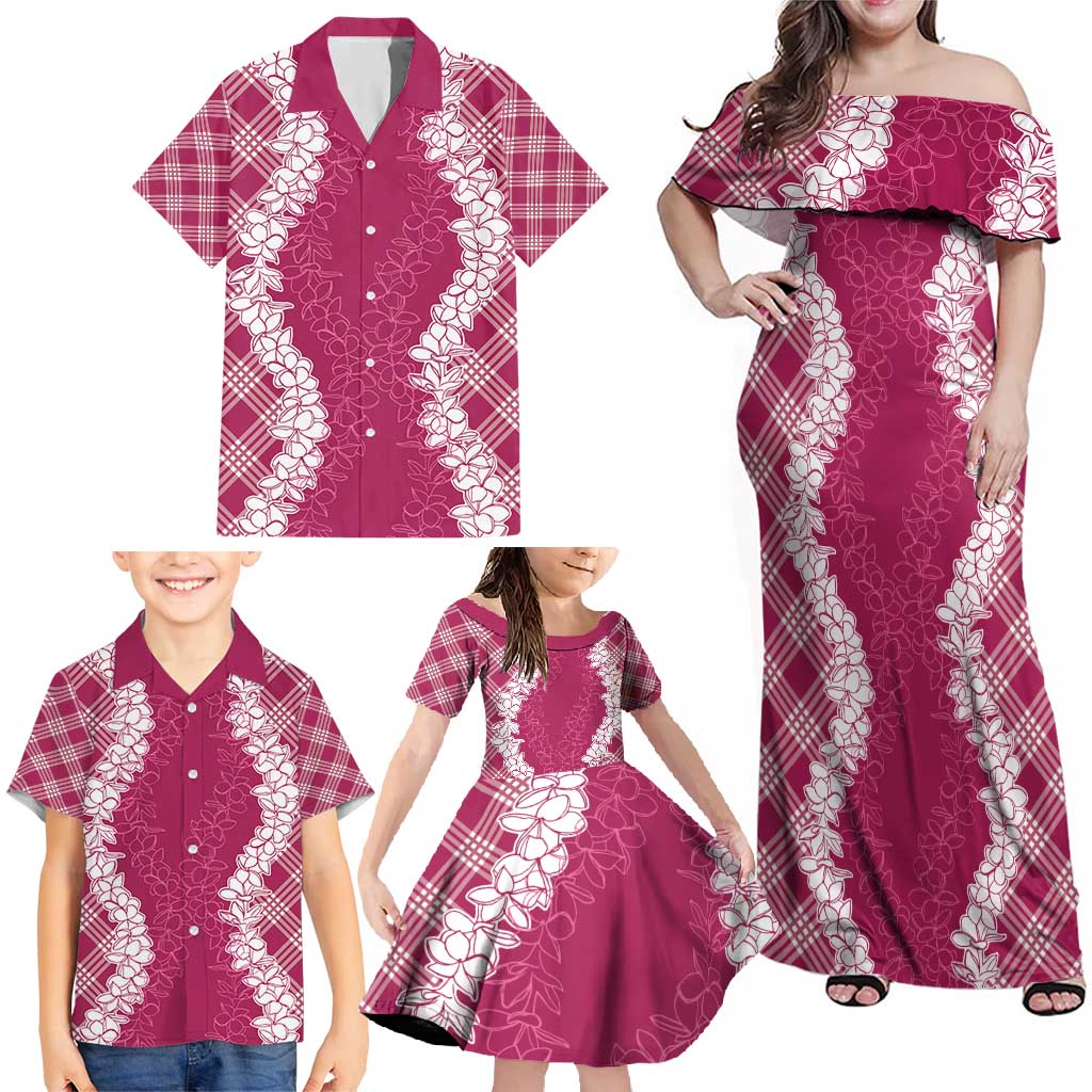 Hawaii Aloha Plumeria Lei Fuschia Palaka Family Matching Off Shoulder Maxi Dress and Hawaiian Shirt LT7 - Polynesian Pride