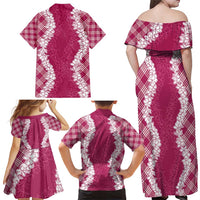 Hawaii Aloha Plumeria Lei Fuschia Palaka Family Matching Off Shoulder Maxi Dress and Hawaiian Shirt LT7 - Polynesian Pride