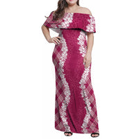 Hawaii Aloha Plumeria Lei Fuschia Palaka Family Matching Off Shoulder Maxi Dress and Hawaiian Shirt LT7 Mom's Dress Fuschia - Polynesian Pride