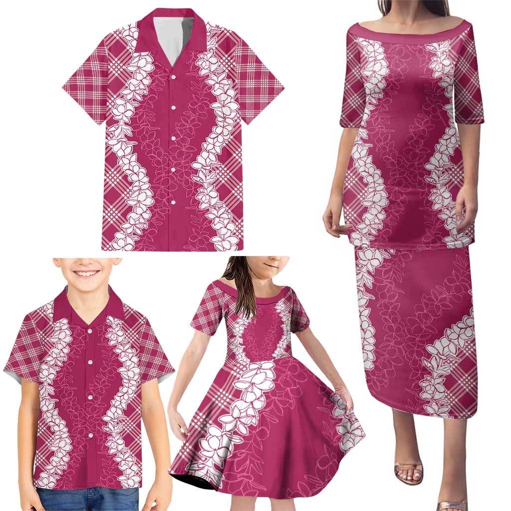 Hawaii Aloha Plumeria Lei Fuschia Palaka Family Matching Puletasi and Hawaiian Shirt LT7 - Polynesian Pride