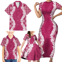 Hawaii Aloha Plumeria Lei Fuschia Palaka Family Matching Short Sleeve Bodycon Dress and Hawaiian Shirt LT7 - Polynesian Pride