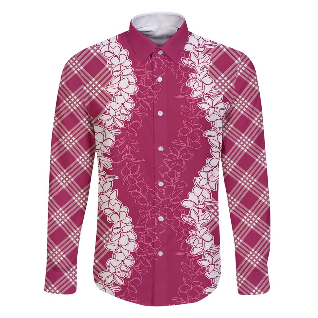 Hawaii Aloha Plumeria Lei Fuschia Palaka Family Matching Summer Maxi Dress and Hawaiian Shirt LT7 Dad's Shirt - Long Sleeve Fuschia - Polynesian Pride