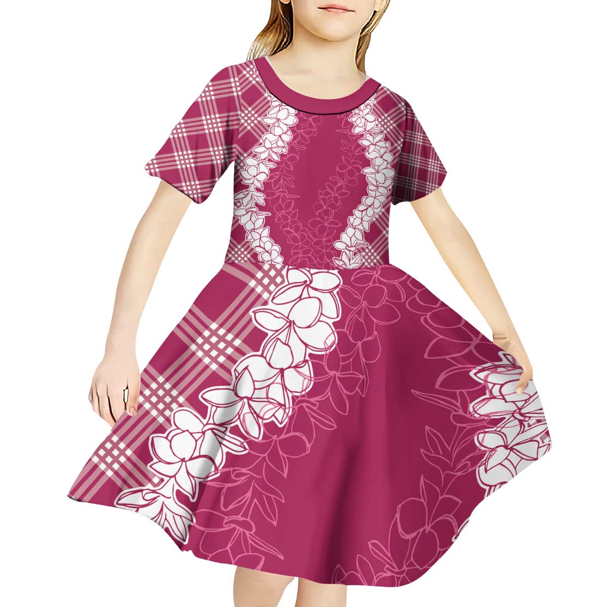 Hawaii Aloha Plumeria Lei Fuschia Palaka Kid Short Sleeve Dress - Polynesian Pride