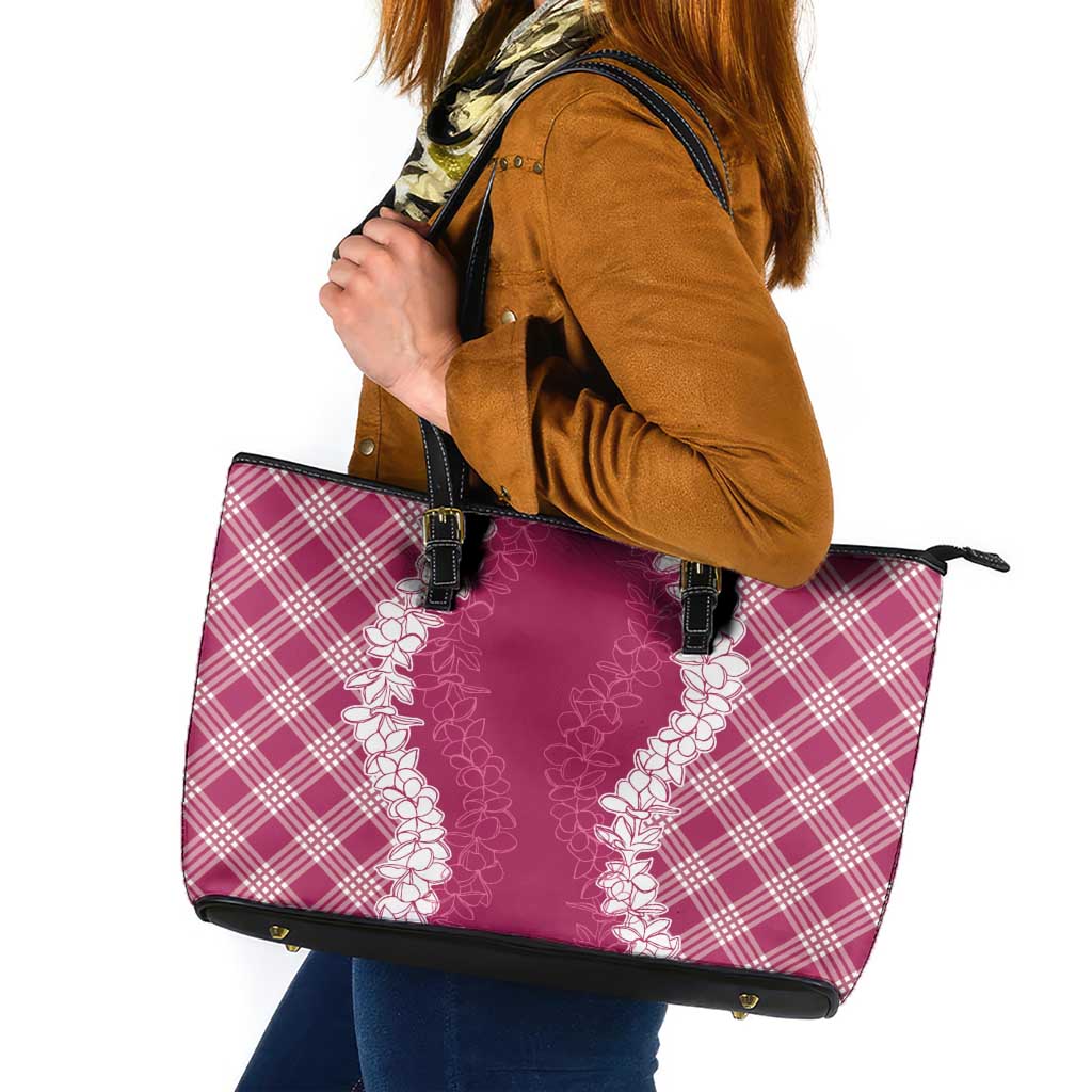 Hawaii Aloha Plumeria Lei Fuschia Palaka Leather Tote Bag - Polynesian Pride