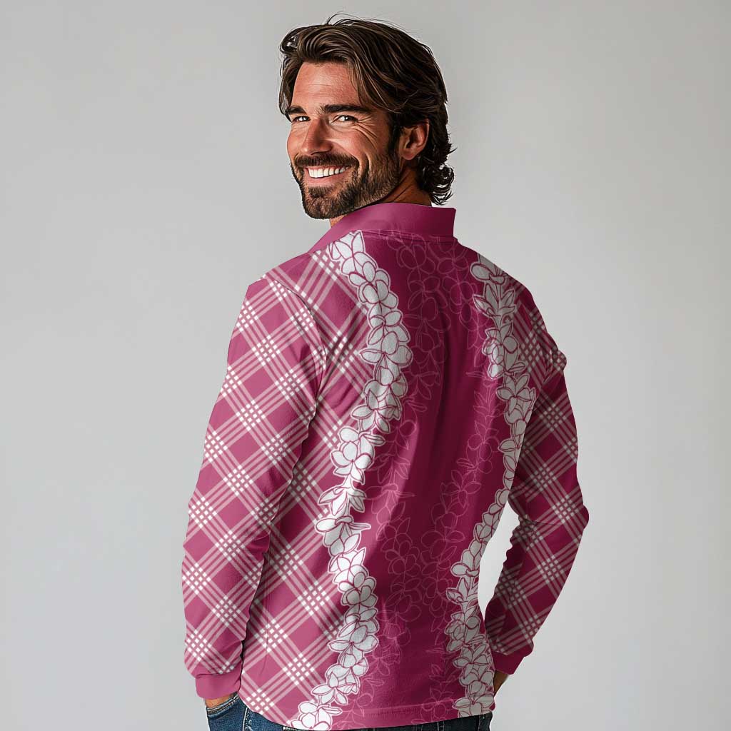 Hawaii Aloha Plumeria Lei Fuschia Palaka Long Sleeve Polo Shirt - Polynesian Pride
