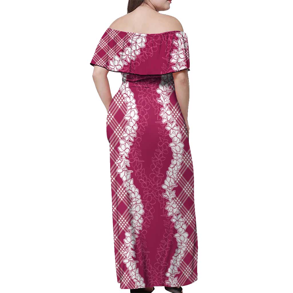 Hawaii Aloha Plumeria Lei Fuschia Palaka Off Shoulder Maxi Dress - Polynesian Pride