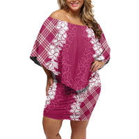 Hawaii Aloha Plumeria Lei Fuschia Palaka Off Shoulder Short Dress - Polynesian Pride