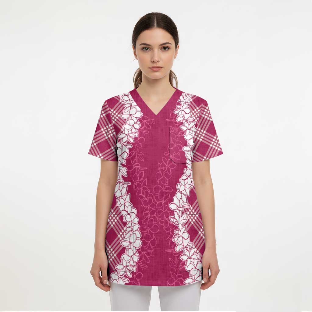 Hawaii Aloha Plumeria Lei Fuschia Palaka Scrub Top - Polynesian Pride