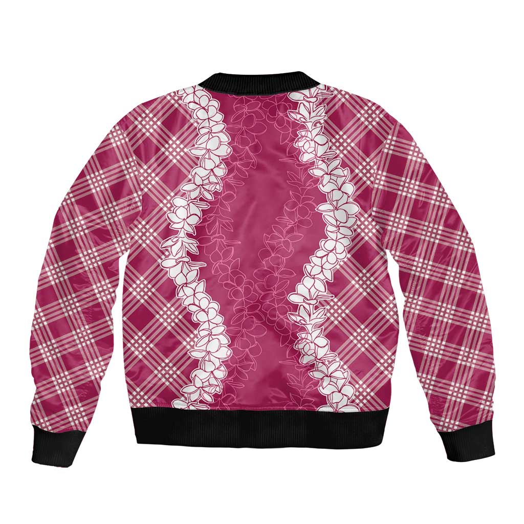 Hawaii Aloha Plumeria Lei Fuschia Palaka Sleeve Zip Bomber Jacket - Polynesian Pride