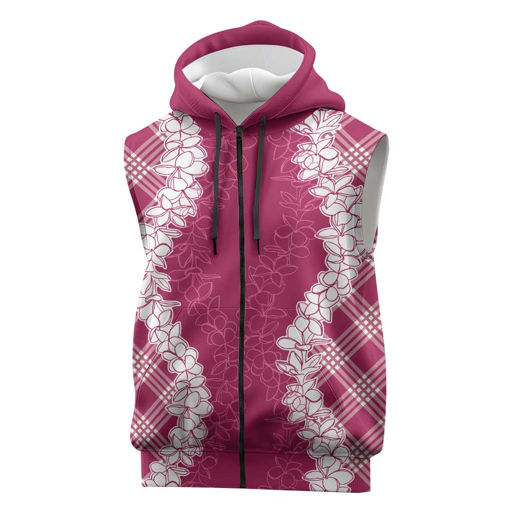 Hawaii Aloha Plumeria Lei Fuschia Palaka Sleeveless Zip Hoodie - Polynesian Pride