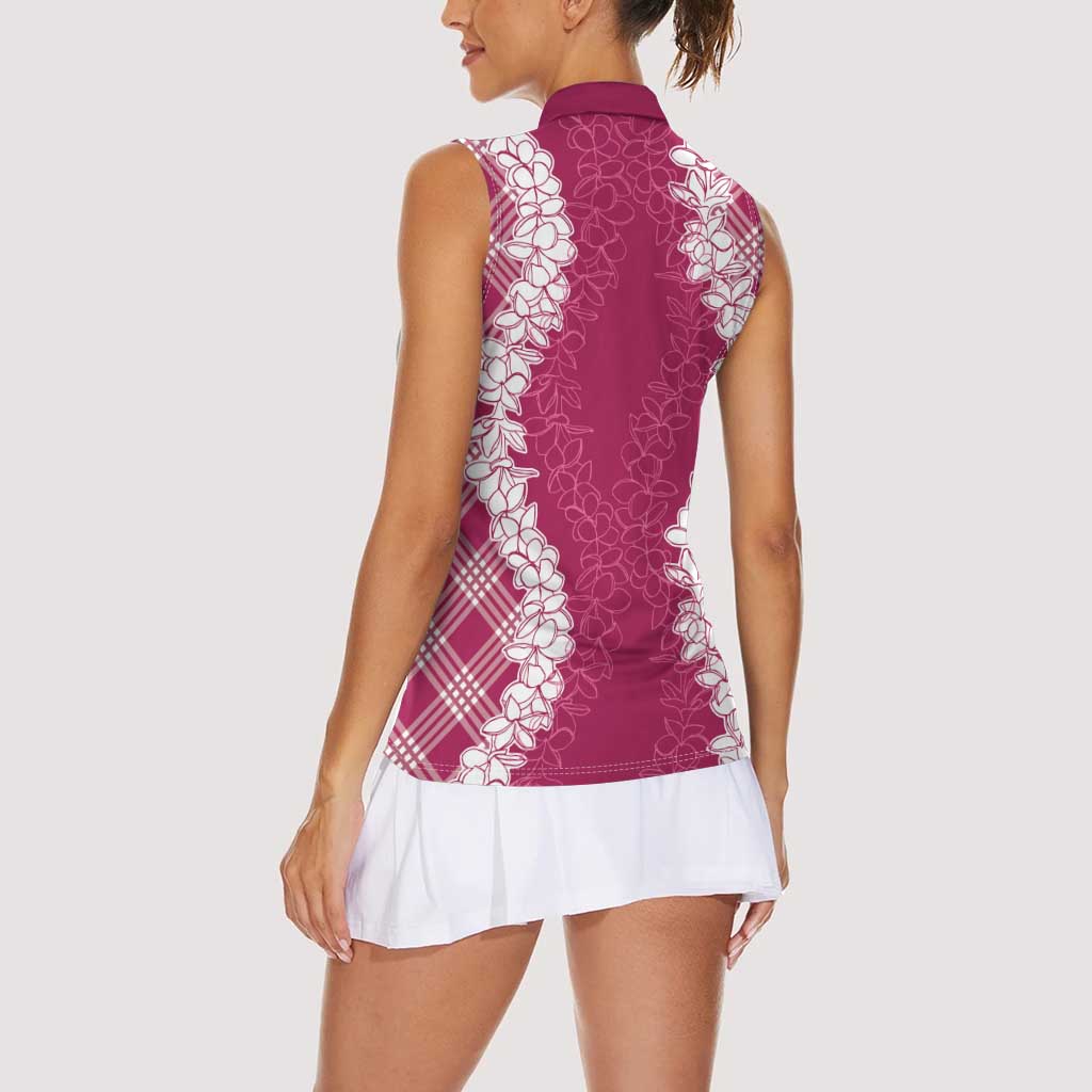 Hawaii Aloha Plumeria Lei Fuschia Palaka Women Sleeveless Polo Shirt - Polynesian Pride