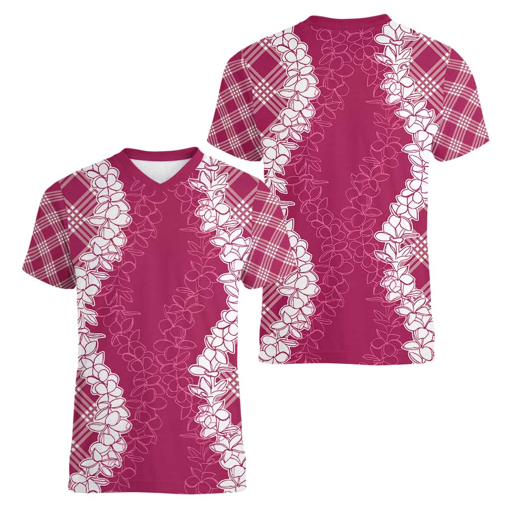 Hawaii Aloha Plumeria Lei Fuschia Palaka Women V-Neck T-Shirt - Polynesian Pride