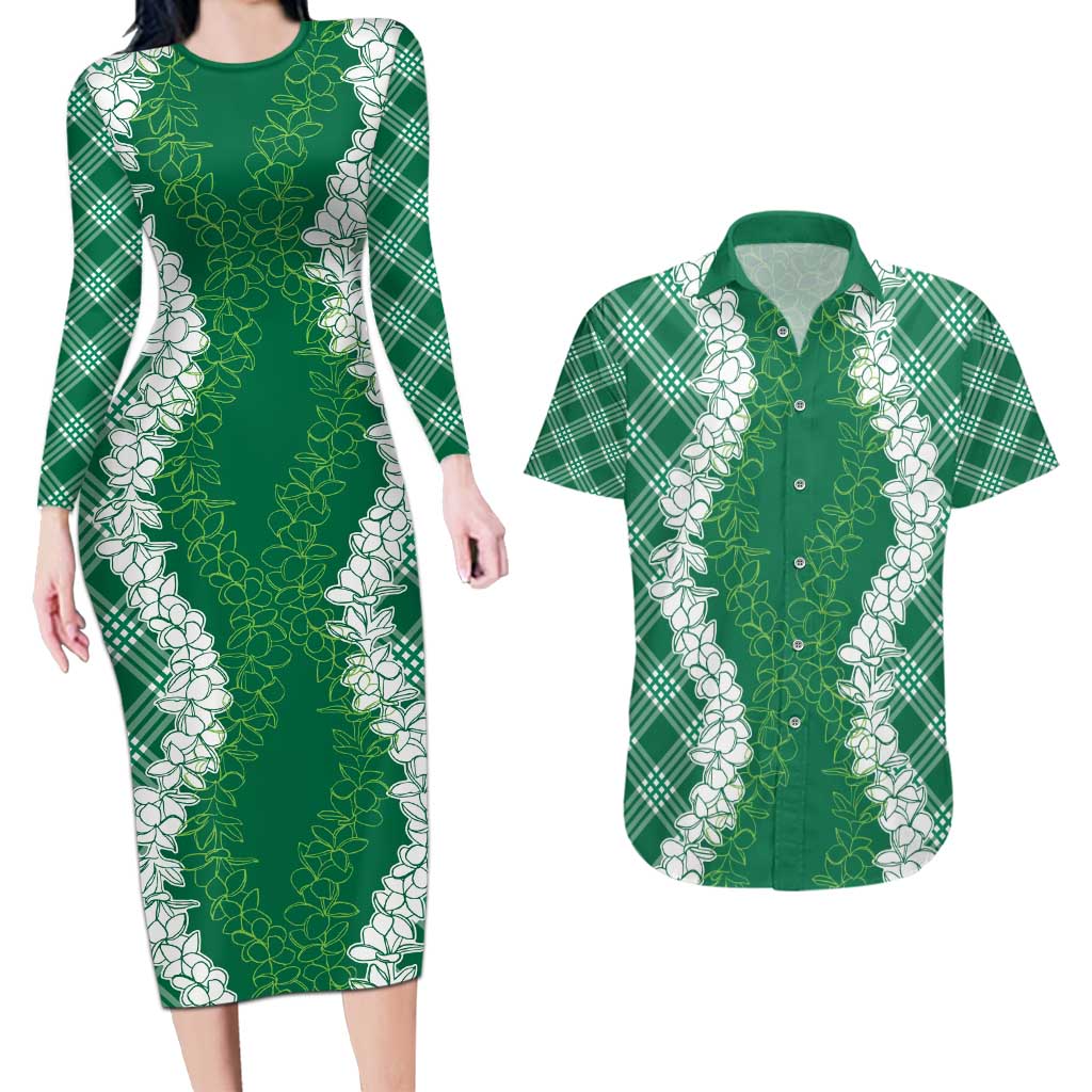 Hawaii Aloha Plumeria Lei Green Palaka Couples Matching Long Sleeve Bodycon Dress and Hawaiian Shirt LT7 Green - Polynesian Pride