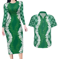 Hawaii Aloha Plumeria Lei Green Palaka Couples Matching Long Sleeve Bodycon Dress and Hawaiian Shirt LT7 Green - Polynesian Pride