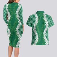 Hawaii Aloha Plumeria Lei Green Palaka Couples Matching Long Sleeve Bodycon Dress and Hawaiian Shirt LT7 - Polynesian Pride