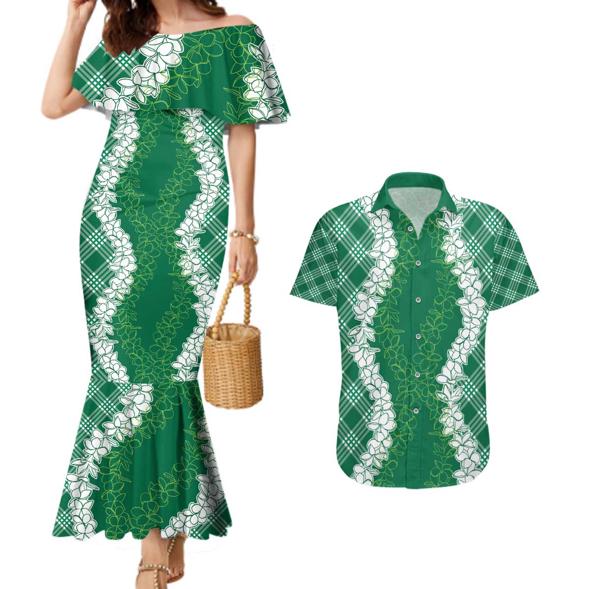 Hawaii Aloha Plumeria Lei Green Palaka Couples Matching Mermaid Dress and Hawaiian Shirt - Polynesian Pride