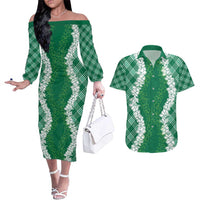 Hawaii Aloha Plumeria Lei Green Palaka Couples Matching Off The Shoulder Long Sleeve Dress and Hawaiian Shirt LT7 Green - Polynesian Pride