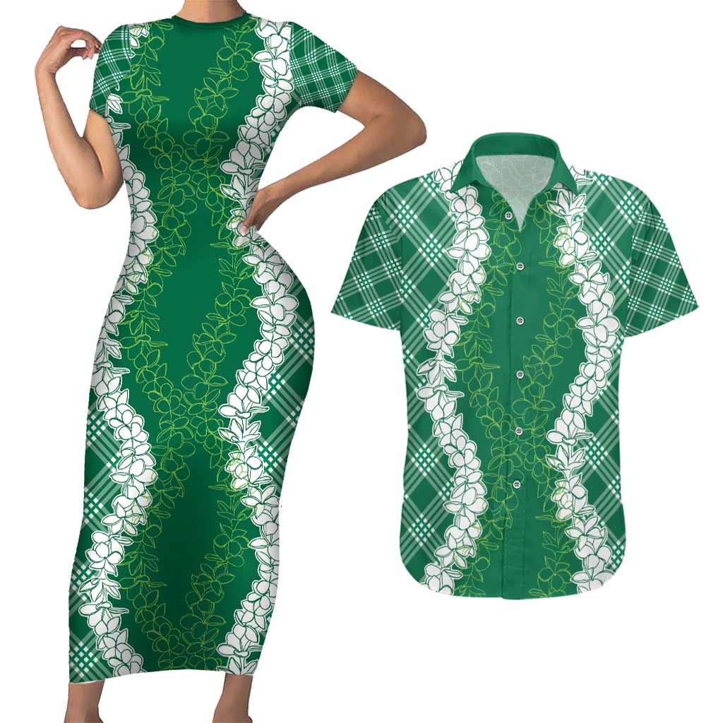 Hawaii Aloha Plumeria Lei Green Palaka Couples Matching Short Sleeve Bodycon Dress and Hawaiian Shirt LT7 Green - Polynesian Pride
