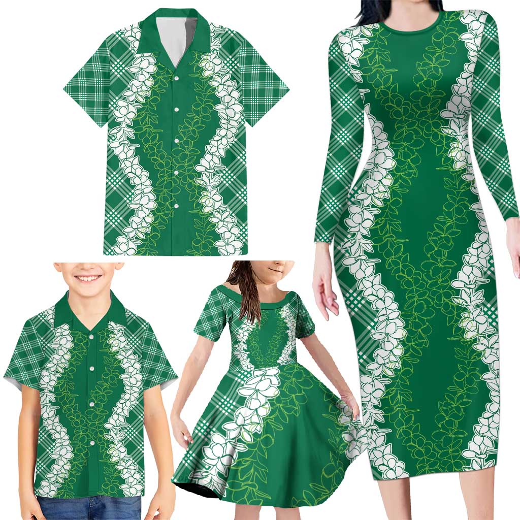 Hawaii Aloha Plumeria Lei Green Palaka Family Matching Long Sleeve Bodycon Dress and Hawaiian Shirt LT7 - Polynesian Pride