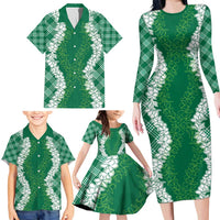 Hawaii Aloha Plumeria Lei Green Palaka Family Matching Long Sleeve Bodycon Dress and Hawaiian Shirt LT7 - Polynesian Pride