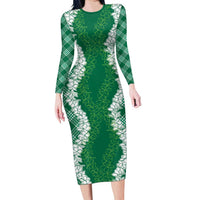 Hawaii Aloha Plumeria Lei Green Palaka Family Matching Long Sleeve Bodycon Dress and Hawaiian Shirt LT7 Mom's Dress Green - Polynesian Pride