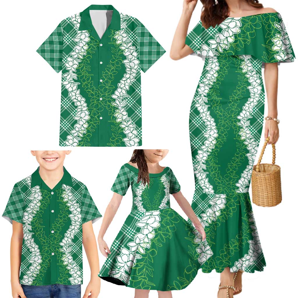 Hawaii Aloha Plumeria Lei Green Palaka Family Matching Mermaid Dress and Hawaiian Shirt LT7 - Polynesian Pride