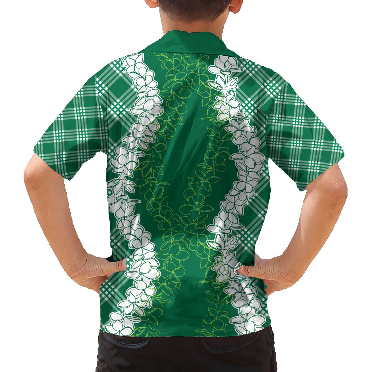 Hawaii Aloha Plumeria Lei Green Palaka Family Matching Off The Shoulder Long Sleeve Dress and Hawaiian Shirt LT7 - Polynesian Pride
