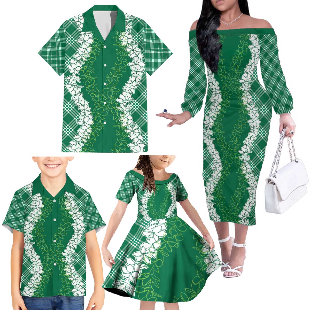 Hawaii Aloha Plumeria Lei Green Palaka Family Matching Off The Shoulder Long Sleeve Dress and Hawaiian Shirt LT7 - Polynesian Pride
