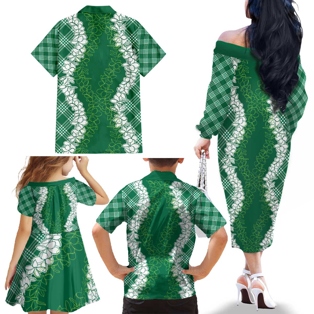 Hawaii Aloha Plumeria Lei Green Palaka Family Matching Off The Shoulder Long Sleeve Dress and Hawaiian Shirt LT7 - Polynesian Pride