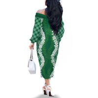 Hawaii Aloha Plumeria Lei Green Palaka Family Matching Off The Shoulder Long Sleeve Dress and Hawaiian Shirt LT7 - Polynesian Pride