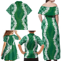 Hawaii Aloha Plumeria Lei Green Palaka Family Matching Off Shoulder Maxi Dress and Hawaiian Shirt LT7 - Polynesian Pride