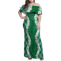 Hawaii Aloha Plumeria Lei Green Palaka Family Matching Off Shoulder Maxi Dress and Hawaiian Shirt LT7 Mom's Dress Green - Polynesian Pride