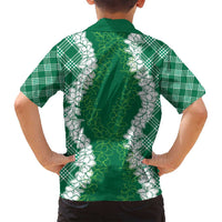 Hawaii Aloha Plumeria Lei Green Palaka Family Matching Off Shoulder Short Dress and Hawaiian Shirt LT7 - Polynesian Pride