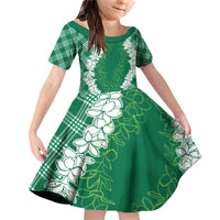 Hawaii Aloha Plumeria Lei Green Palaka Family Matching Off Shoulder Short Dress and Hawaiian Shirt LT7 Daughter's Dress Green - Polynesian Pride